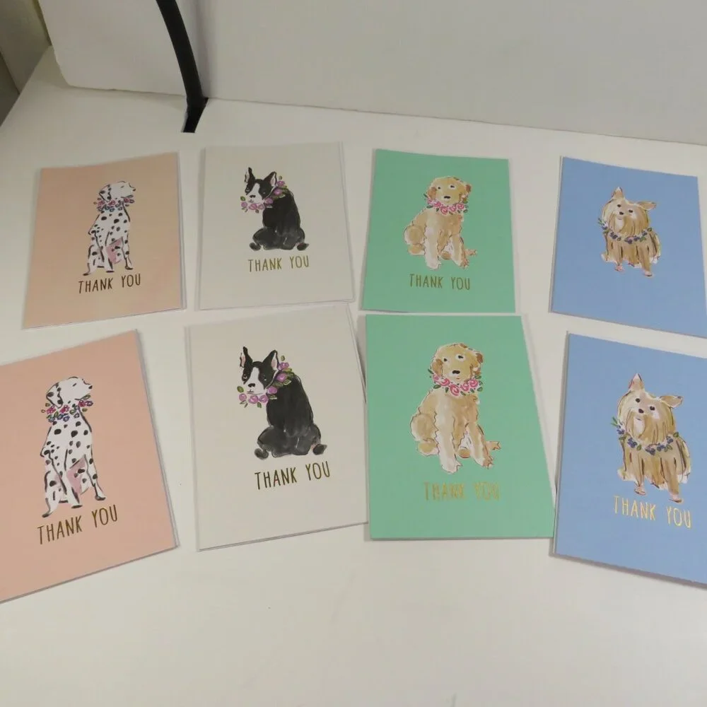 Pastel Dog (8) Note Cards THANK YOU Gold Blank inside Puppy